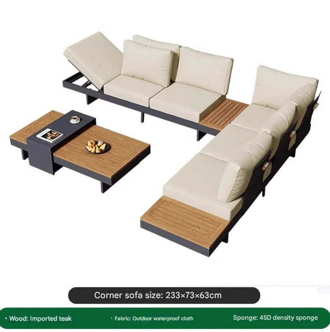 Modern Outdoor Teak & Aluminum Sofa Set – Waterproof Courtyard Lounge with Coffee Table
