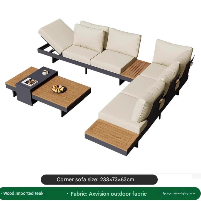 Modern Outdoor Teak & Aluminum Sofa Set – Waterproof Courtyard Lounge with Coffee Table