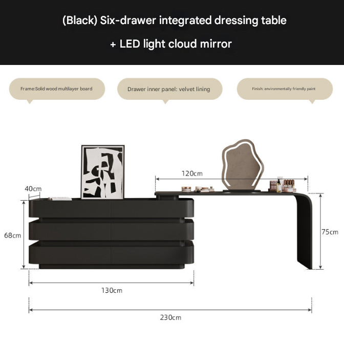 Black Luxury Dresser with Cloud Mirror & 6 Drawers – Modern Vanity Table Set