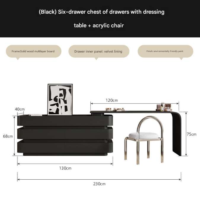 Black Luxury Dresser with Cloud Mirror & 6 Drawers – Modern Vanity Table Set