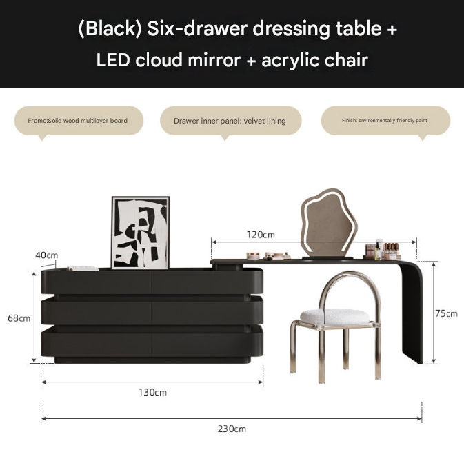 Black Luxury Dresser with Cloud Mirror & 6 Drawers – Modern Vanity Table Set