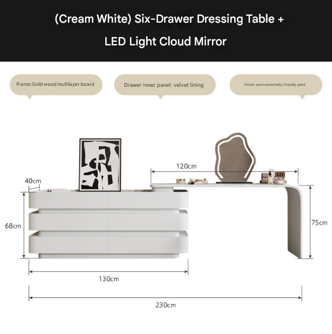 Black Luxury Dresser with Cloud Mirror & 6 Drawers – Modern Vanity Table Set