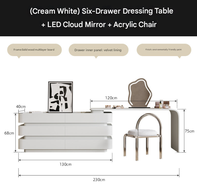 Black Luxury Dresser with Cloud Mirror & 6 Drawers – Modern Vanity Table Set