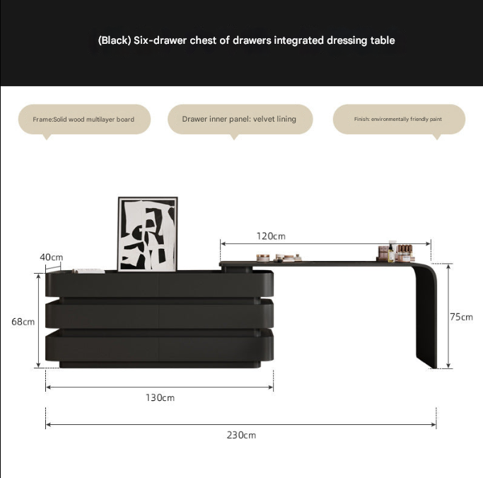 Black Luxury Dresser with Cloud Mirror & 6 Drawers – Modern Vanity Table Set