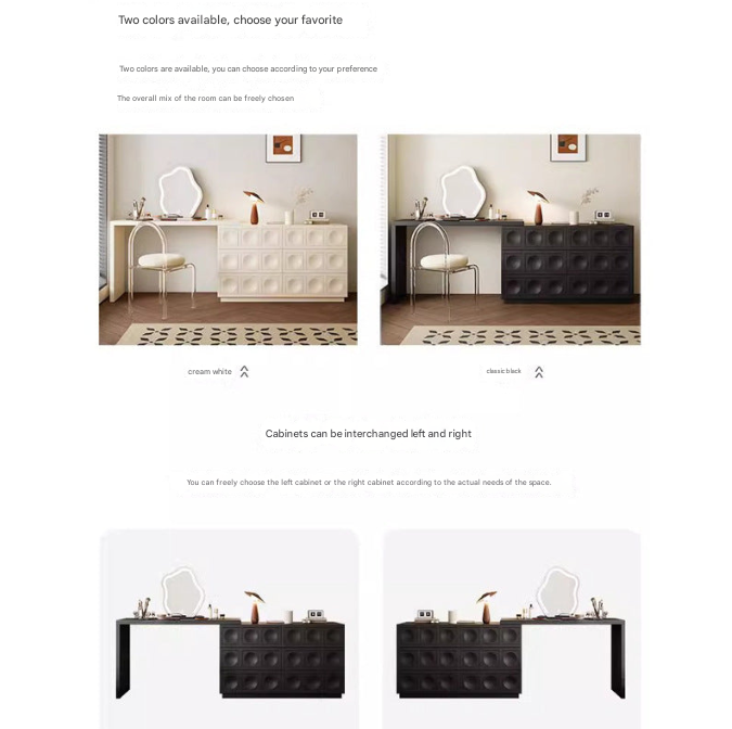 Black Retro Dresser Table with Integrated Drawers – Luxury Vanity with Mirror & Chair Options