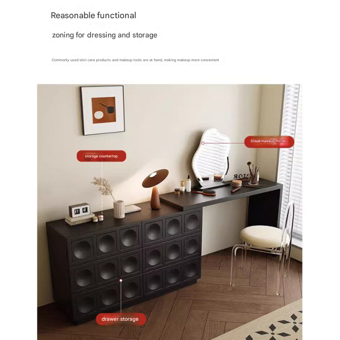 Black Retro Dresser Table with Integrated Drawers – Luxury Vanity with Mirror & Chair Options