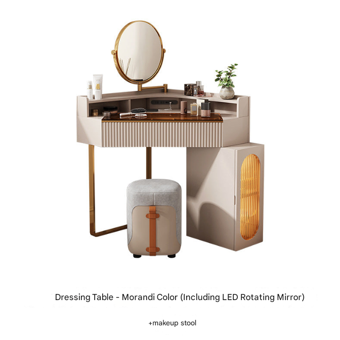 Modern Corner Vanity Table with USB & LED Mirror – Light Luxury Dresser with Stool