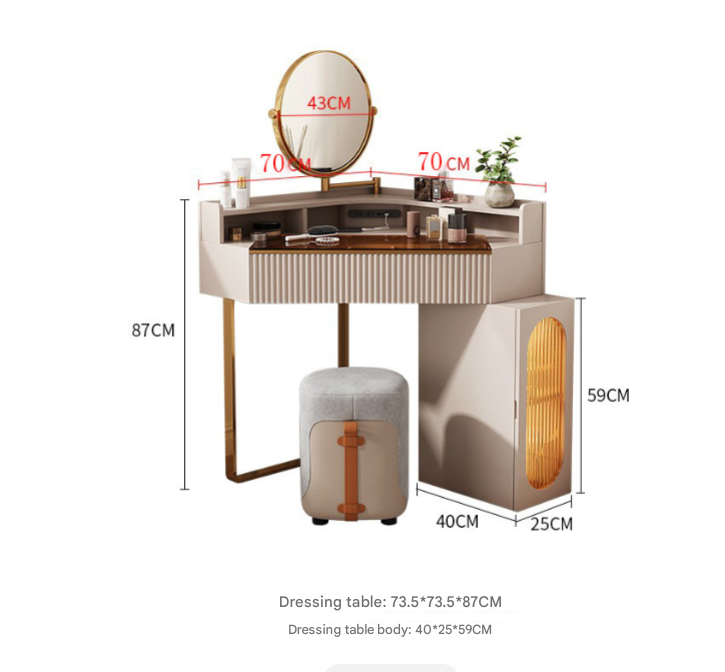 Modern Corner Vanity Table with USB & LED Mirror – Light Luxury Dresser with Stool
