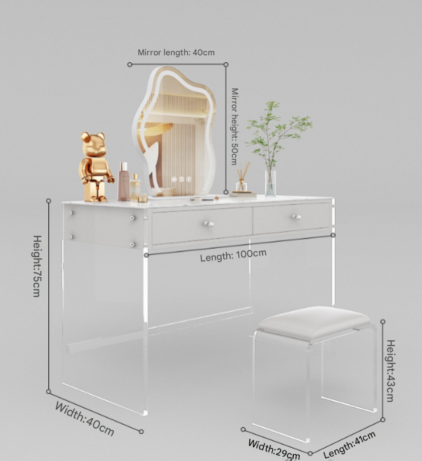 Acrylic Wabi-Sabi Dressing Table with LED Mirror & Stool – Minimalist Transparent Vanity Set