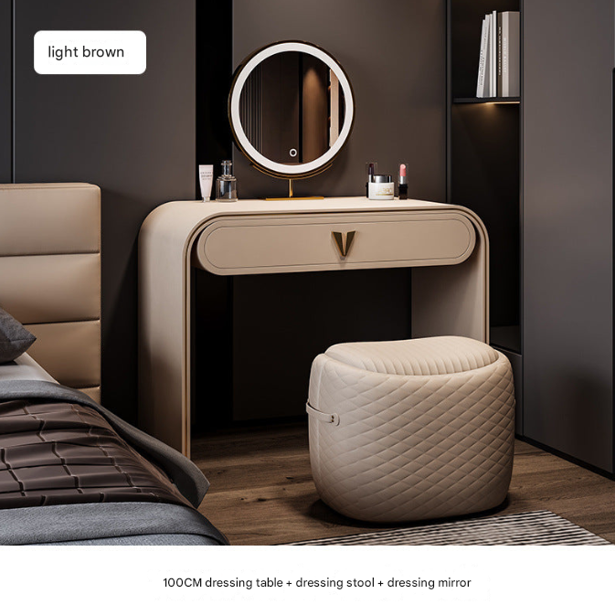 Italian Leather Dressing Table with LED Mirror & Stool – Modern Light Luxury Vanity Desk