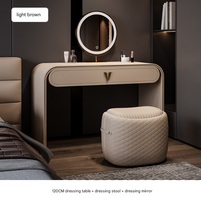Italian Leather Dressing Table with LED Mirror & Stool – Modern Light Luxury Vanity Desk