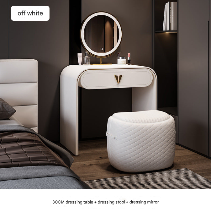 Italian Leather Dressing Table with LED Mirror & Stool – Modern Light Luxury Vanity Desk