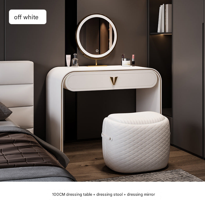 Italian Leather Dressing Table with LED Mirror & Stool – Modern Light Luxury Vanity Desk