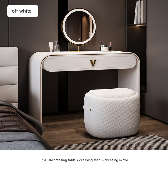 Italian Leather Dressing Table with LED Mirror & Stool – Modern Light Luxury Vanity Desk