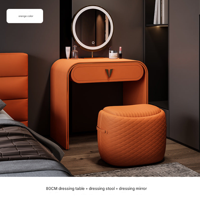 Italian Leather Dressing Table with LED Mirror & Stool – Modern Light Luxury Vanity Desk