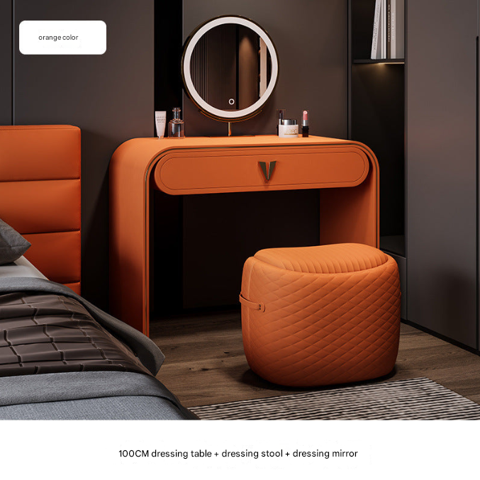 Italian Leather Dressing Table with LED Mirror & Stool – Modern Light Luxury Vanity Desk