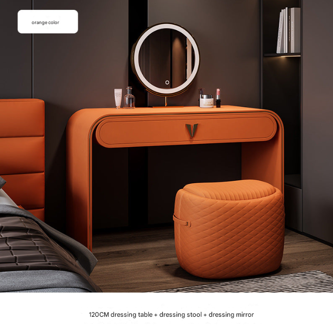 Italian Leather Dressing Table with LED Mirror & Stool – Modern Light Luxury Vanity Desk