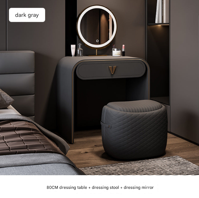 Italian Leather Dressing Table with LED Mirror & Stool – Modern Light Luxury Vanity Desk
