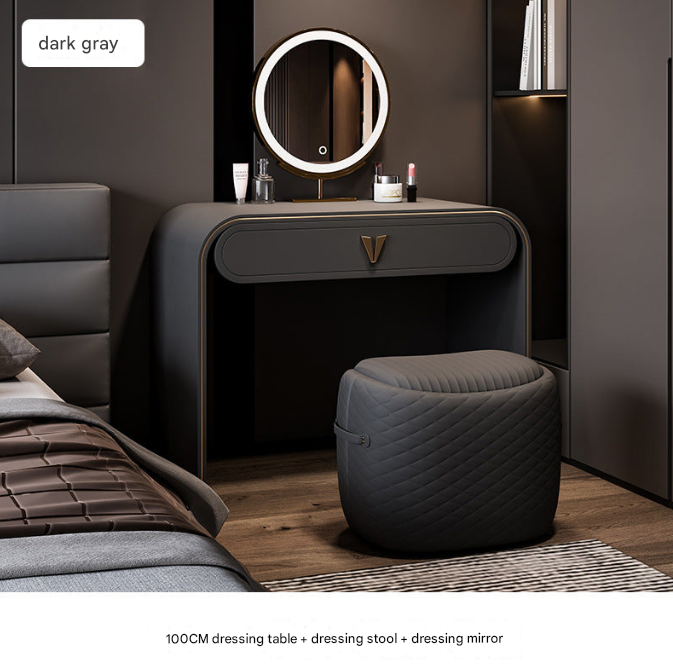 Italian Leather Dressing Table with LED Mirror & Stool – Modern Light Luxury Vanity Desk