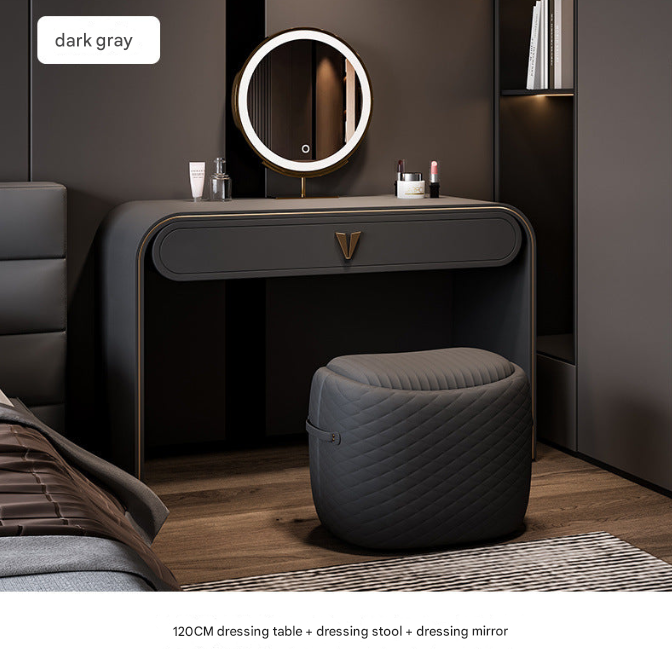 Italian Leather Dressing Table with LED Mirror & Stool – Modern Light Luxury Vanity Desk