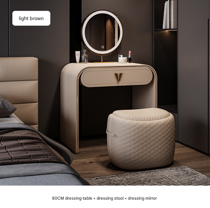 Italian Leather Dressing Table with LED Mirror & Stool – Modern Light Luxury Vanity Desk