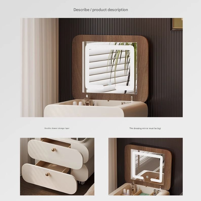 Compact Lift-Up Vanity Table with Mirror – Movable Modern Dresser for Bedroom