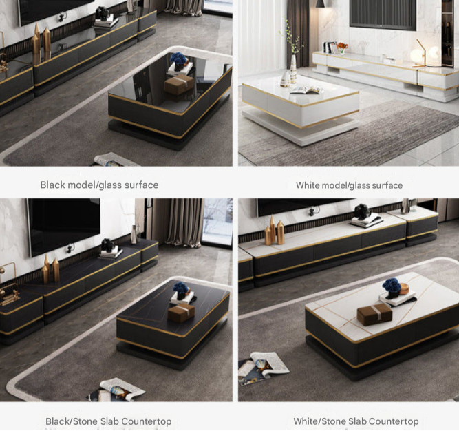 Postmodern Rock Board TV Cabinet & Coffee Table – Luxury Black & Gold Combo for Living Room