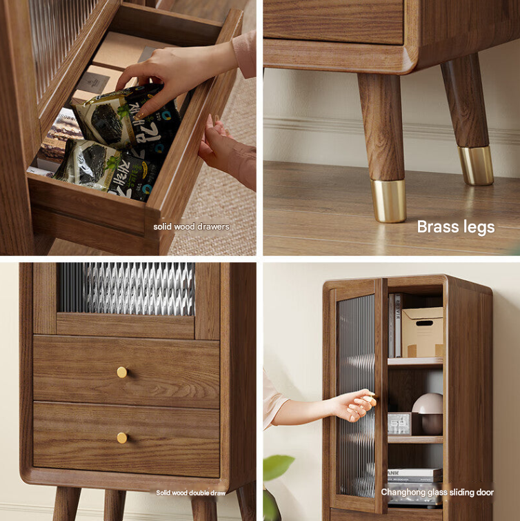 Nordic Solid Wood Side Cabinet Set – High & Low Ash Wood Storage Units for Modern Living Rooms