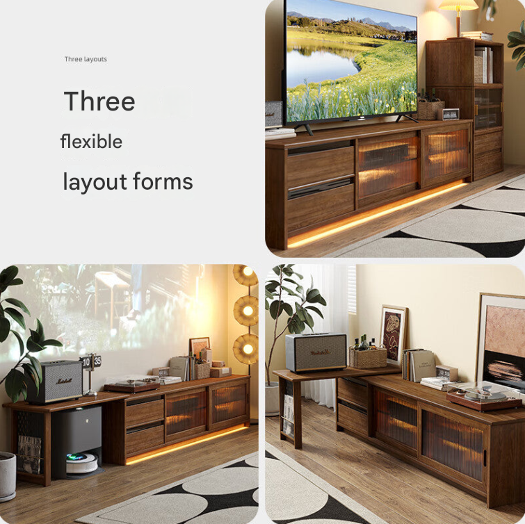 Nordic Solid Wood Retractable TV Cabinet – Ash Wood Media Console with Extendable Storage for Modern Living Rooms