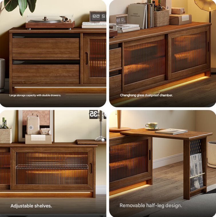 Nordic Solid Wood Retractable TV Cabinet – Ash Wood Media Console with Extendable Storage for Modern Living Rooms