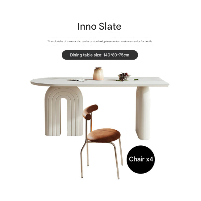 French Cream Oval Dining Table with Rock Plate Top and Armchair Set – Modern Luxury