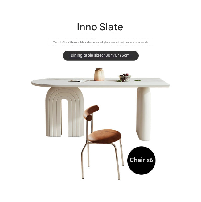 French Cream Oval Dining Table with Rock Plate Top and Armchair Set – Modern Luxury