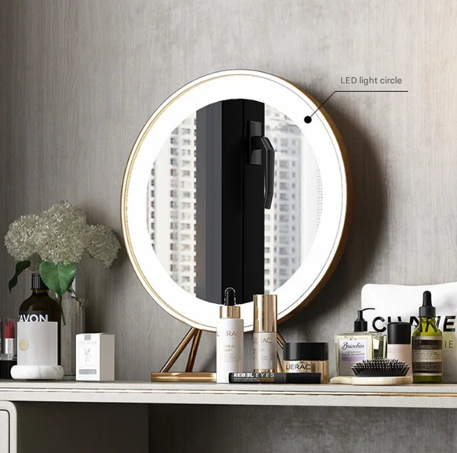 Light Luxury White Dressing Table with Round Mirror, Storage Drawers, and Gold Frame Stool