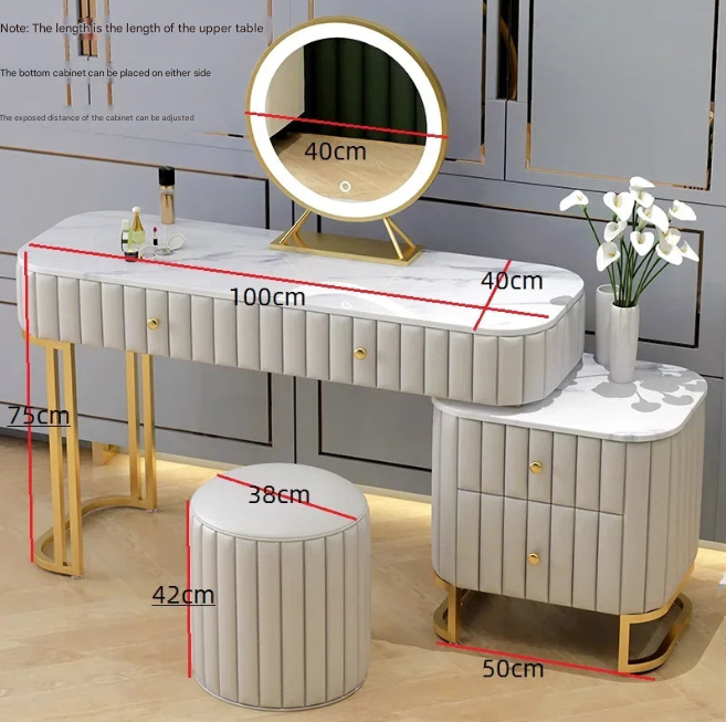 Luxury Green Nordic Dressing Table with Marble Top, LED Mirror, and Upholstered Stool