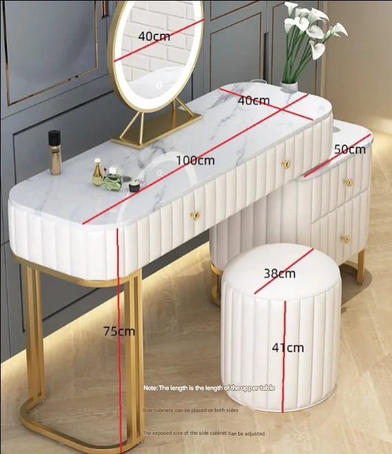 Luxury Green Nordic Dressing Table with Marble Top, LED Mirror, and Upholstered Stool