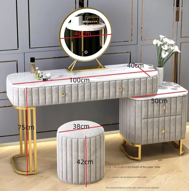 Luxury Green Nordic Dressing Table with Marble Top, LED Mirror, and Upholstered Stool