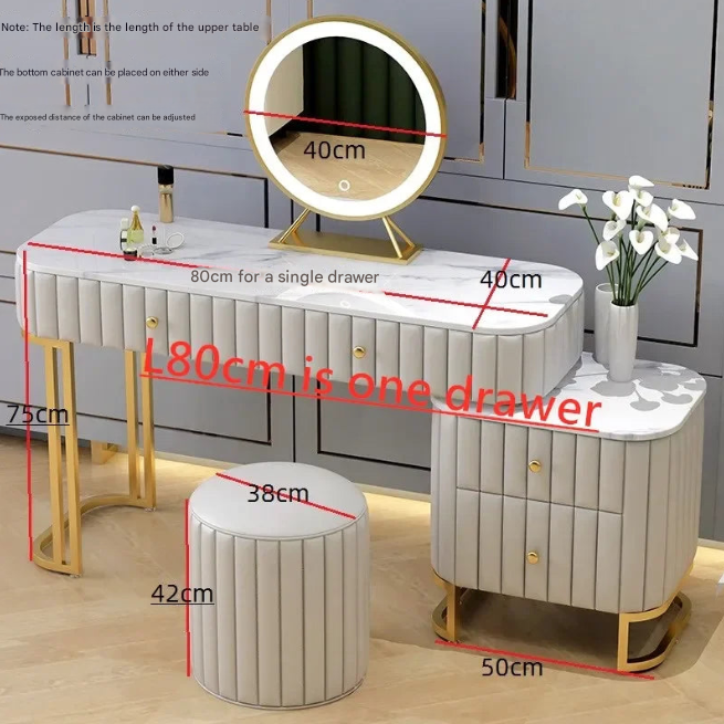 Luxury Green Nordic Dressing Table with Marble Top, LED Mirror, and Upholstered Stool