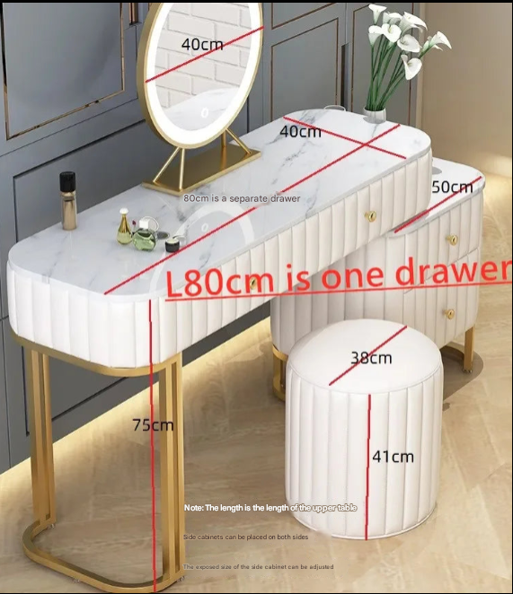 Luxury Green Nordic Dressing Table with Marble Top, LED Mirror, and Upholstered Stool