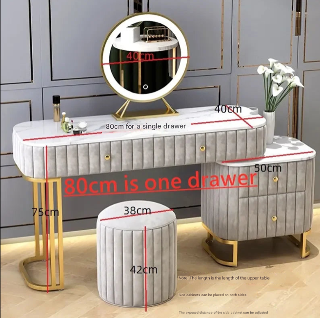 Luxury Green Nordic Dressing Table with Marble Top, LED Mirror, and Upholstered Stool