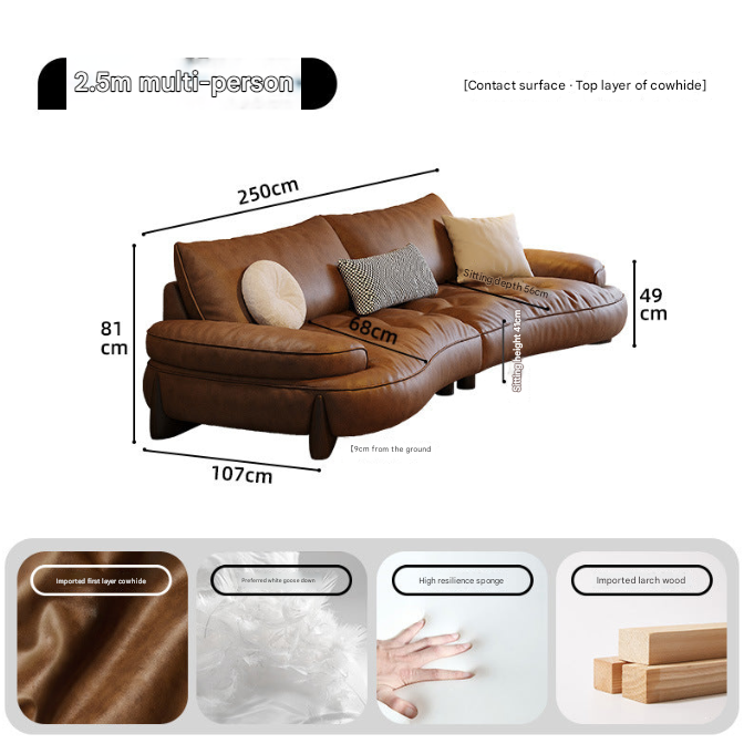 Curved Brown Leather Sofa in Retro Italian Style – YX11 Cowhide Sectional