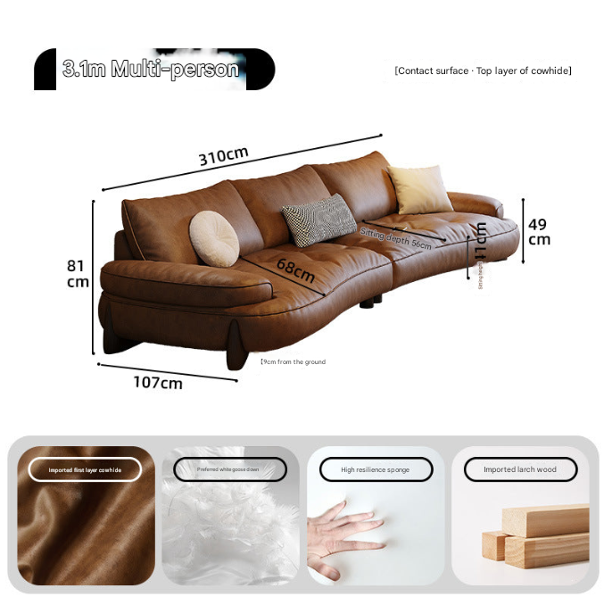 Curved Brown Leather Sofa in Retro Italian Style – YX11 Cowhide Sectional
