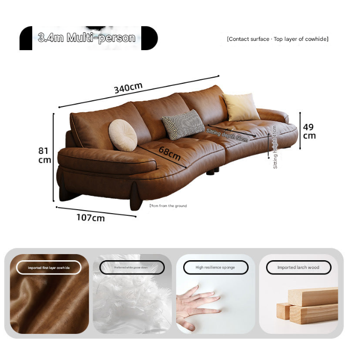 Curved Brown Leather Sofa in Retro Italian Style – YX11 Cowhide Sectional