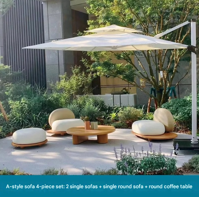 Modern Cloud Shape Outdoor Lounge Set – Teak Base Garden Sofa with Coffee Table