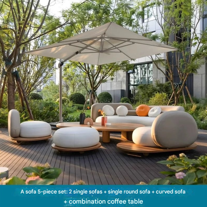 Modern Cloud Shape Outdoor Lounge Set – Teak Base Garden Sofa with Coffee Table