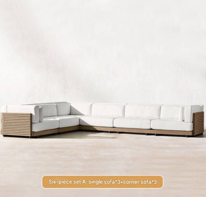 Contemporary Teak Outdoor Sofa Set – Modular L-Shaped Patio Lounge with Coffee Table