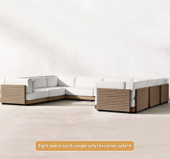 Contemporary Teak Outdoor Sofa Set – Modular L-Shaped Patio Lounge with Coffee Table
