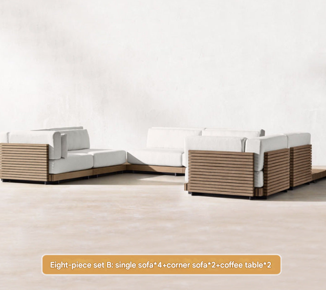 Contemporary Teak Outdoor Sofa Set – Modular L-Shaped Patio Lounge with Coffee Table