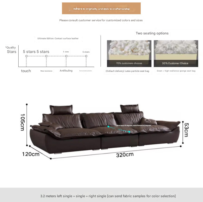 Italian Brown Leather Sofa with Adjustable Back –  Straight Sectional Design