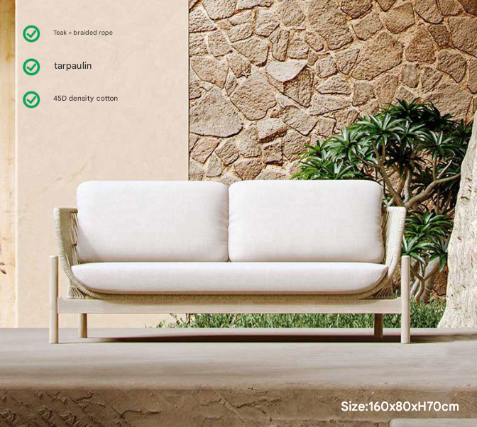 Nordic Teak Rope Outdoor Sofa Set – Waterproof Courtyard Seating with Coffee Table