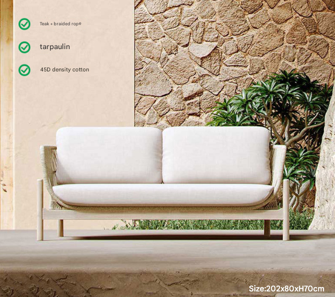 Nordic Teak Rope Outdoor Sofa Set – Waterproof Courtyard Seating with Coffee Table